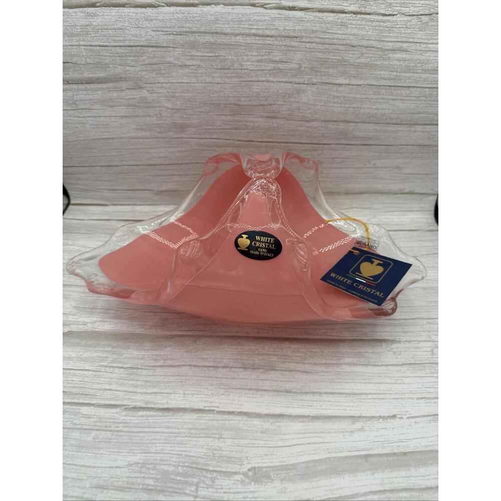 Murano White Crystal Large Abstract Venetian Hand Made Glass Bowl Vase Pink